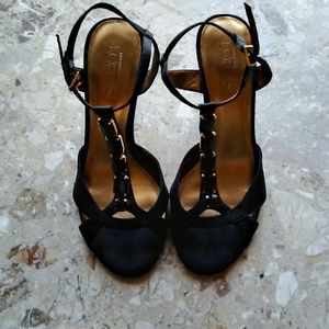 Ann Taylor Loft Black & Gold Jeweled heels 6M
